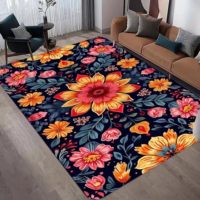 Tapis d'intérieur bleu marine foncé à imprimé floral, antidérapant, doux, motif botanique, pour salo