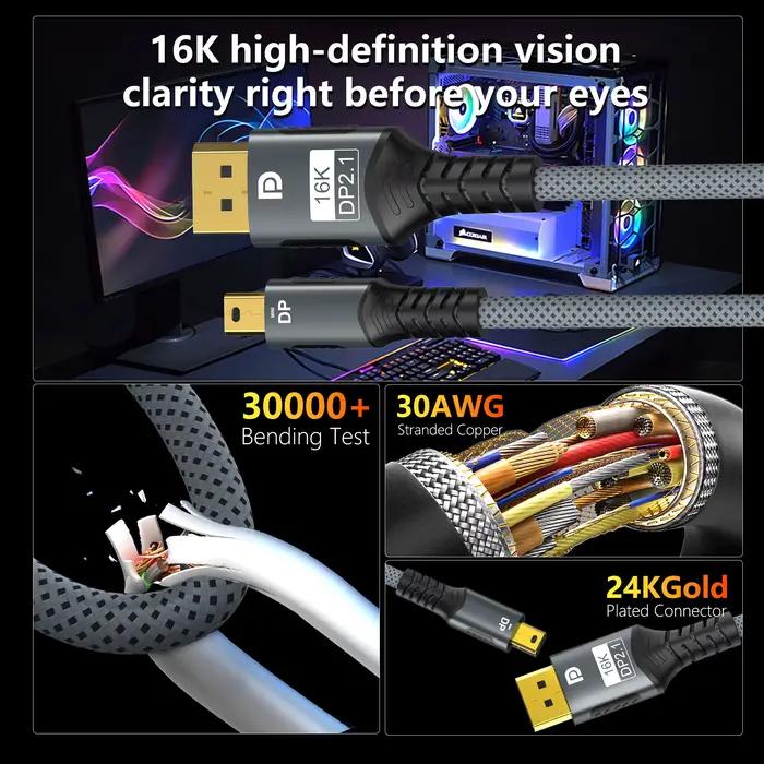 Câble Mini DP vers DisplayPort 8K DP1.4, câble de Transmission de Conversion bidirectionnelle 16K @ 