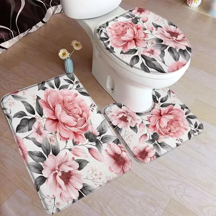 Ensemble de polymères de bain floraux roses, aquarelle, fleur, feuilles grises, plante, tapis de mai