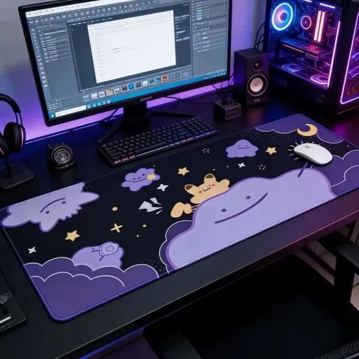 Tapis de souris Purple Starry Night, nuages mignons, art abstrait, XL, antidérapant, en caoutchouc, 