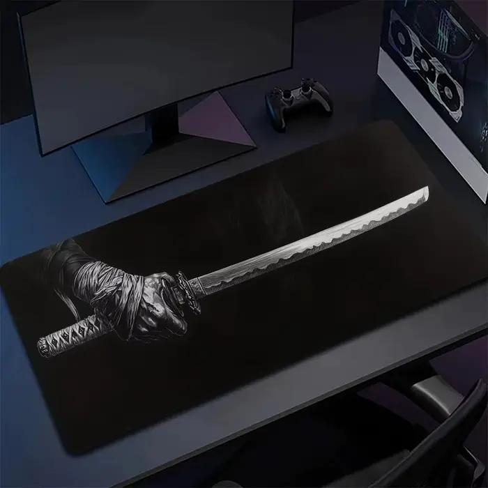 Samouraï épée tapis de souris grand tapis de souris ordinateur gamer bureau bord cousu clavier tapis