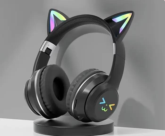Casque Bluetooth avec lumière clignotante à LED, oreilles de chat mignonnes, écouteurs sans fil avec