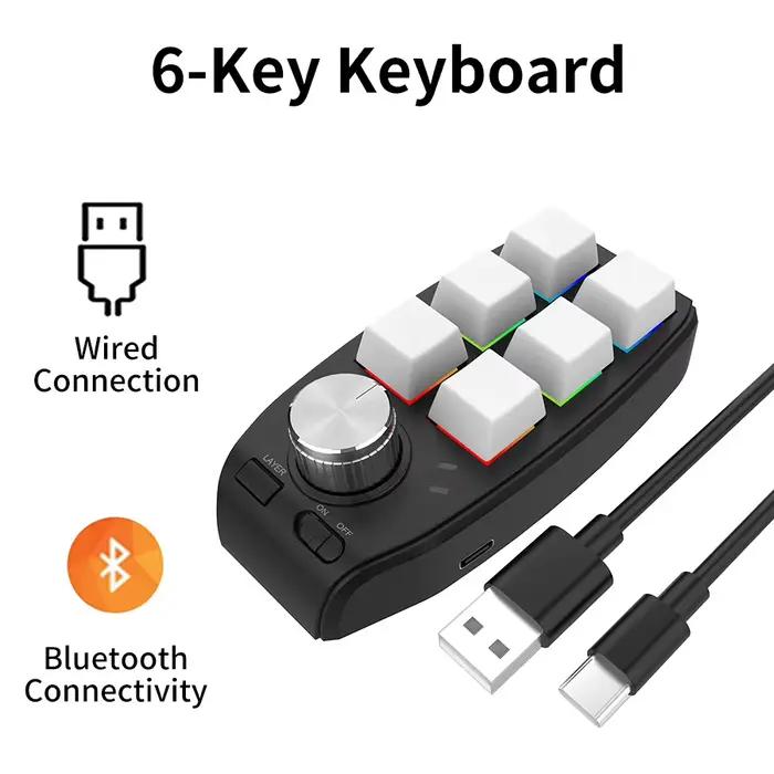 Clavier Bluetooth 6 touches 1 bouton rotatif USB, mini clavier macro personnalisable, copie et colla