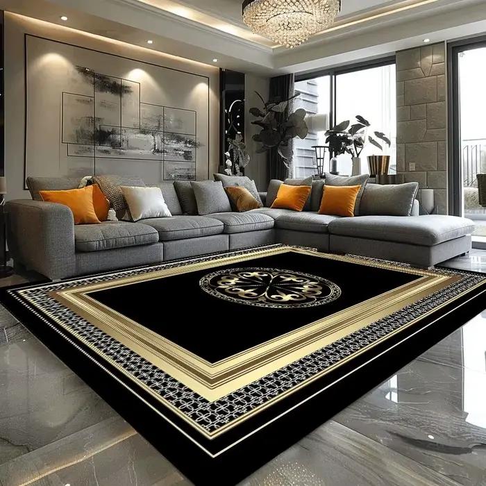 VIKAMA – grand tapis de luxe de Style européen, noir et or, pour canapé de salon, antidérapant, faci