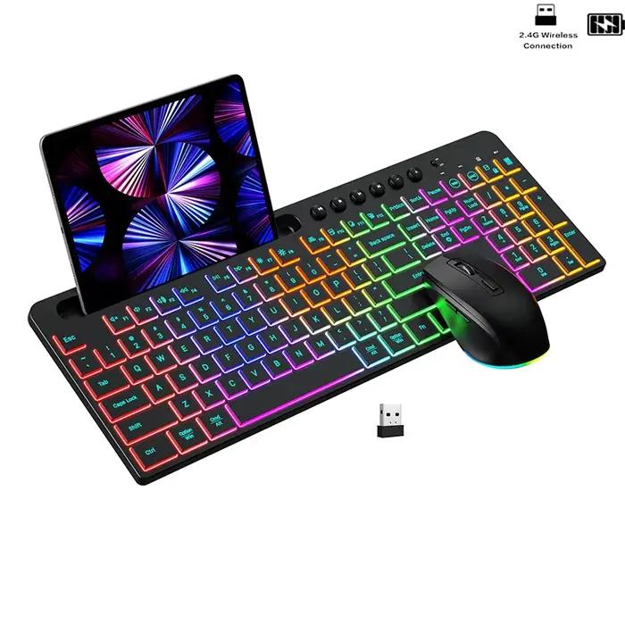 Ensemble clavier et souris ergonomiques rétro-éclairés sans fil, avec support pour téléphone, aste, 