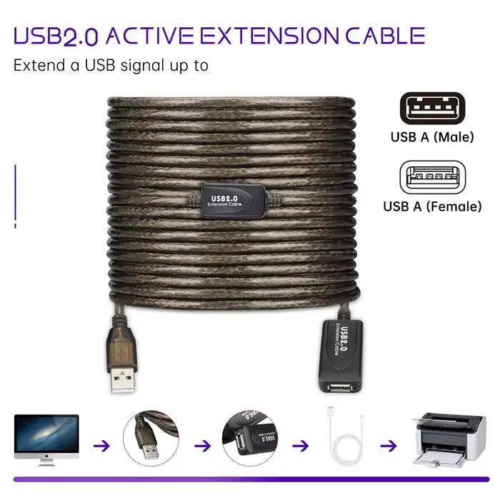 Câble d'extension USB 2.0, 5m, 10m, 15m, 20m, 480Mbps, haute vitesse A mâle à femelle, répéteur acti
