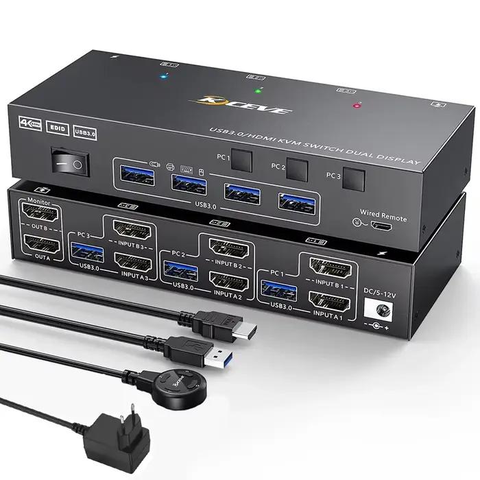 Commutateur KVM HDMI 2 moniteurs 3 ordinateurs 4K @ 60Hz, Simulation EDID, commutateur KVM double mo