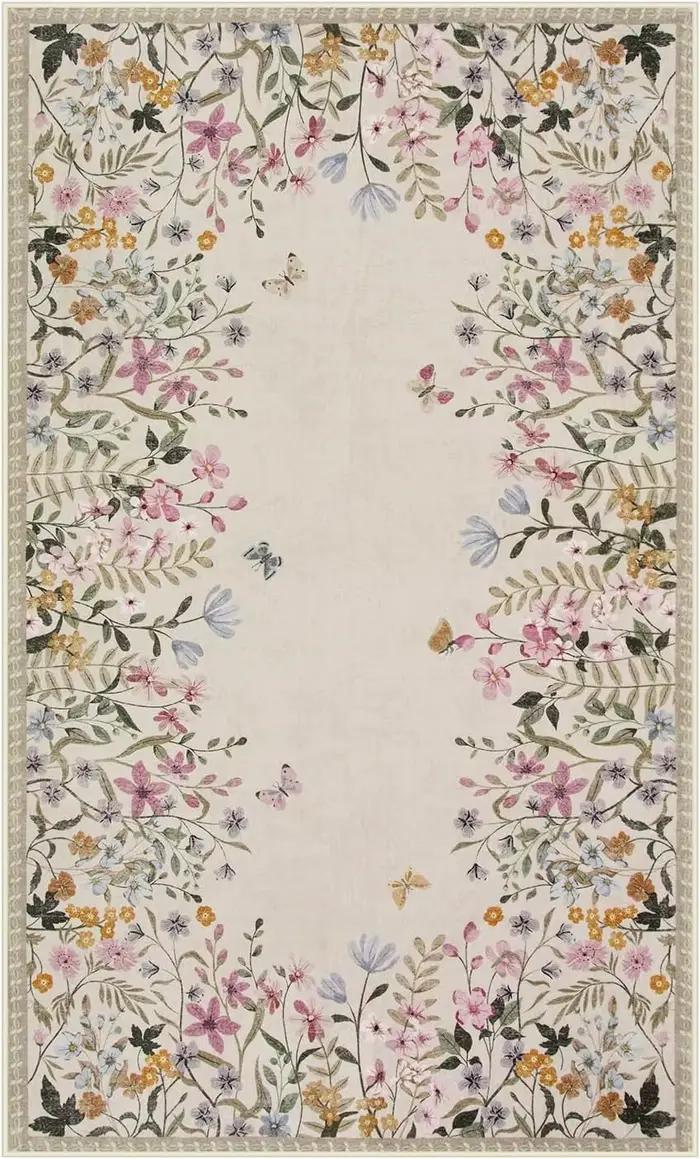 Tapis floral beige, tapis lavable antidérapant pour salon, chambre à coucher, décoration d'intérieur