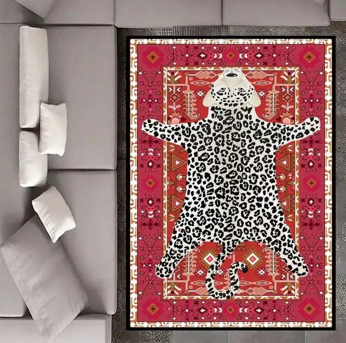 Tapis imprimé léopard rouge pour salon, bureau et chambre, décor lavable et antidérapant