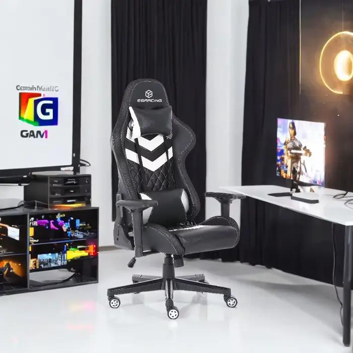 Chaise de jeu ergonomique en cuir PU noir pour bureau et gaming