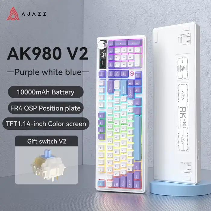 AJAZZ AK980 V2 Clavier de jeu 98 touches, tri modes, grand écran couleur TFT, batterie 10000 mAh, cl