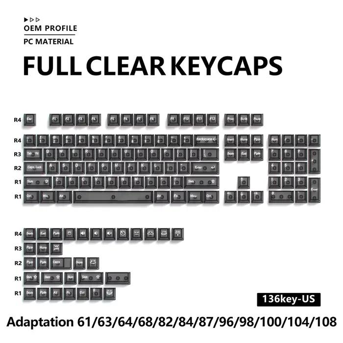 Nouveau clavier mécanique à 136 touches pour PC, entièrement transparent, avec touches multilingues 