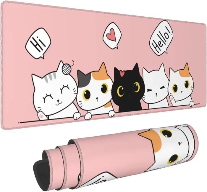 Tapis de souris de jeu chat chatons, rose, mignon, grand Kawaii, bureau, polymères, long, arc-en-cie