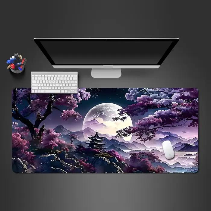 Tapis de souris arc-en-ciel pour PC Gamer Lea Anime, tapis de souris violet, lune de montagne, polym