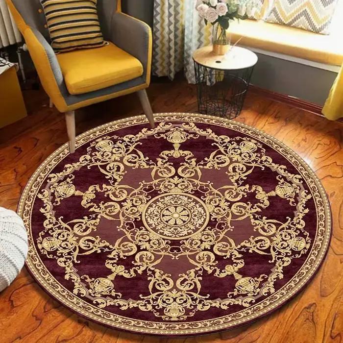 Tapis rond traditionnel oriental à motifs persans, vintage, bordeaux, doux, pour salons, zones de dé