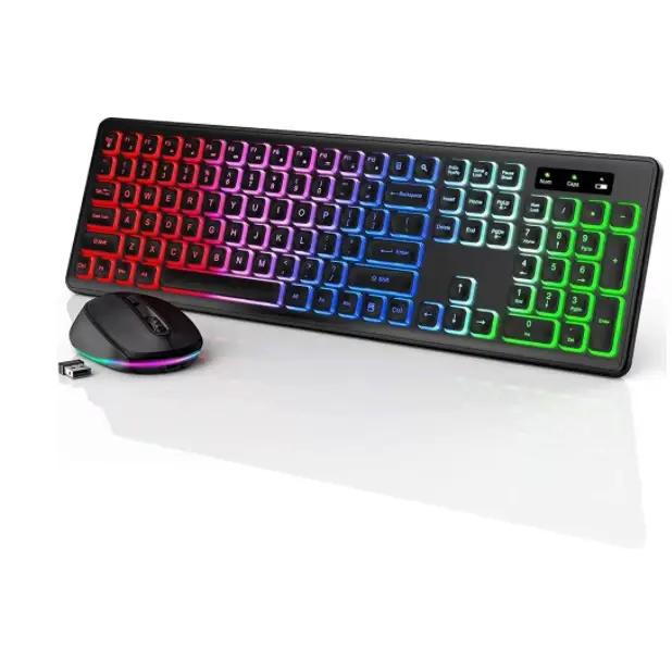 Ensemble clavier et souris sans fil rétroéclairé, Rechargeable, USB, pour ordinateur, Mac, PC, ordin