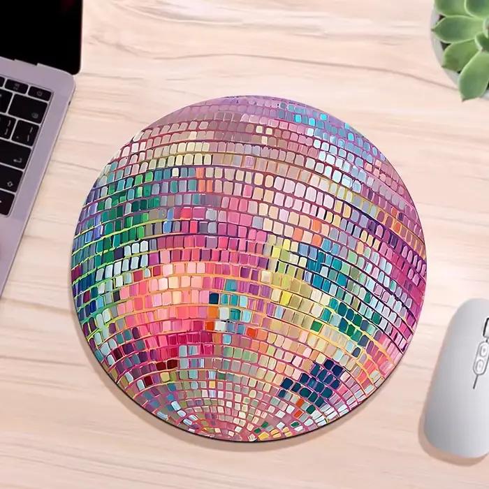 Tapis de souris rond en caoutchouc rose avec boule Disco, tapis de bureau pour ordinateur portable, 