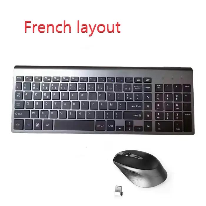 Wireless Keyboard and Mouse Combo French(AZERTY) Russian Spain USA Layout 2400DPI 2.4G Full Size Sil