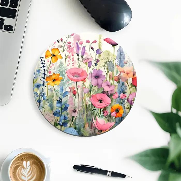 Tapis de souris floral rose, petits tapis de souris ronds, fleurs aquarelles, tapis de souris pour j