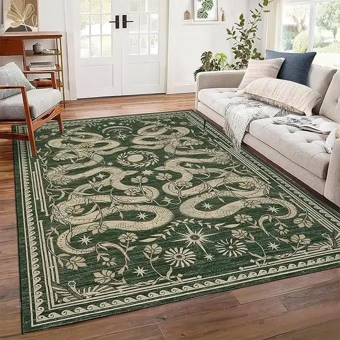 Tapis Dragon chinois, motif vert or, avec motif d'étoile florale, tapis de sol doux Vintage pour sal