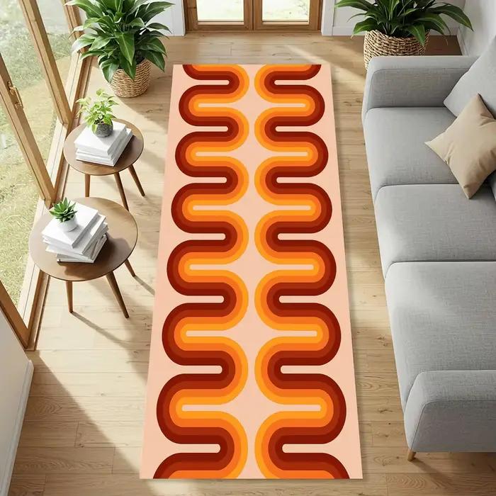 Tapis Rétro Wave Runner avec Motifs Tourbillonnants Orange et Marron, Tapis Funky Style Mid-Century 
