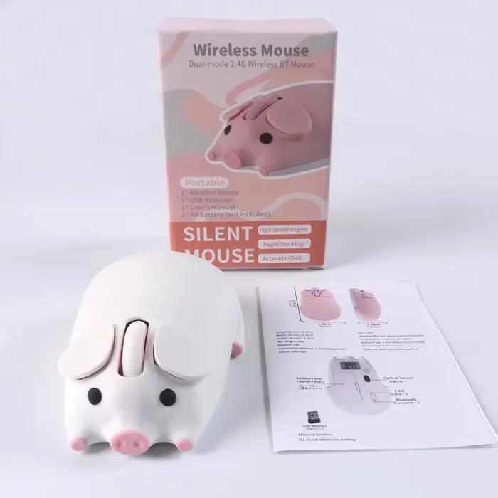 Souris sans fil 2.4G Bluetooth double mode, design cochon 3D mignon, clic silencieux, pour ordinateu