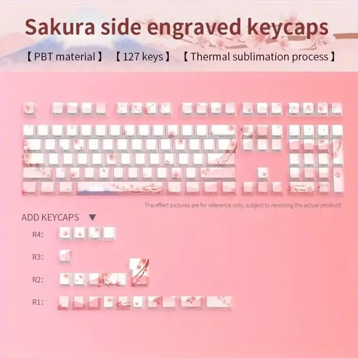 Capuchons de touches de clavier mécanique rose fleur de cerisier 128 touches, cerise, gravure latéra