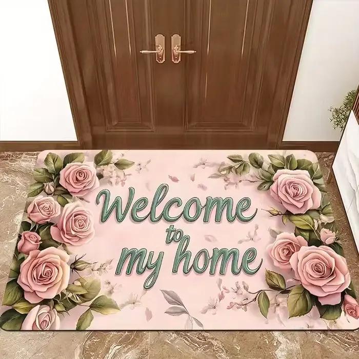 Tapis d'entrée Rose, tapis de bienvenue pour la maison, tapis de sol souple antidérapant, paillasson