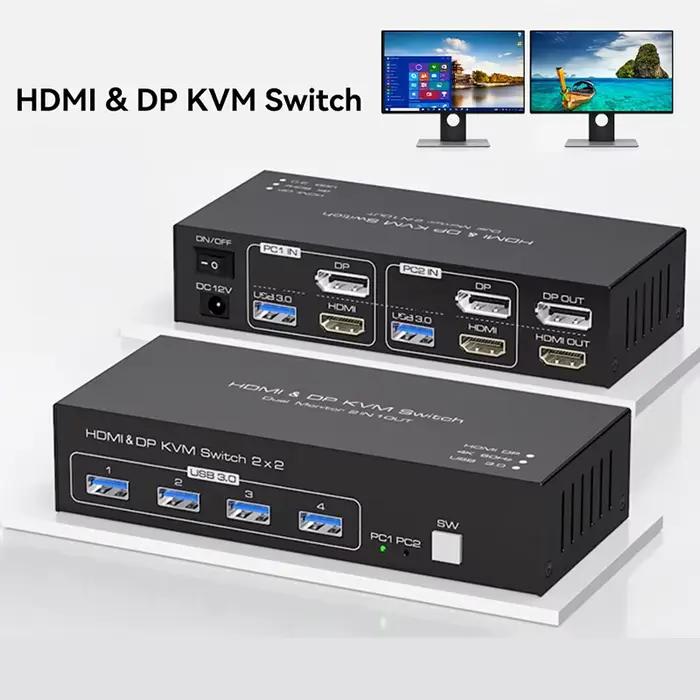 Commutateur KVM HDMI DisplayPort pour moniteur touristique, affichage arc-en-ciel pour deux PC, comm