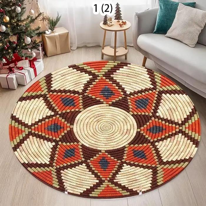 Tapis rond tissé à motif géométrique, style ethnique, antidérapant et durable, pour salon, chambre à