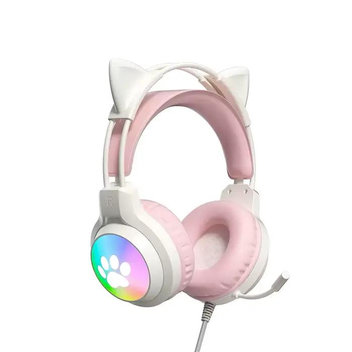 Casque de jeu SOYTO avec oreilles de chat RGB, son surround 3D filaire, microphone détachable à rédu