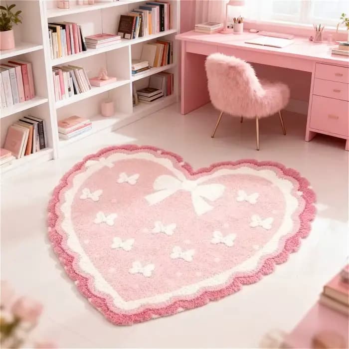 VIKAMA Tapis en peluche rose en forme de cœur pour fille avec nœud décoratif, tapis décoratif pour l