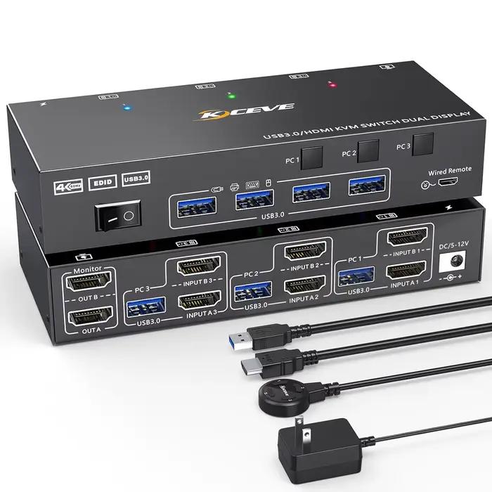 Commutateur de moniteur KVM pour touristes, USB 3.0, HDMI, 2 moniteurs, 3 aliments, émulateur EDID, 
