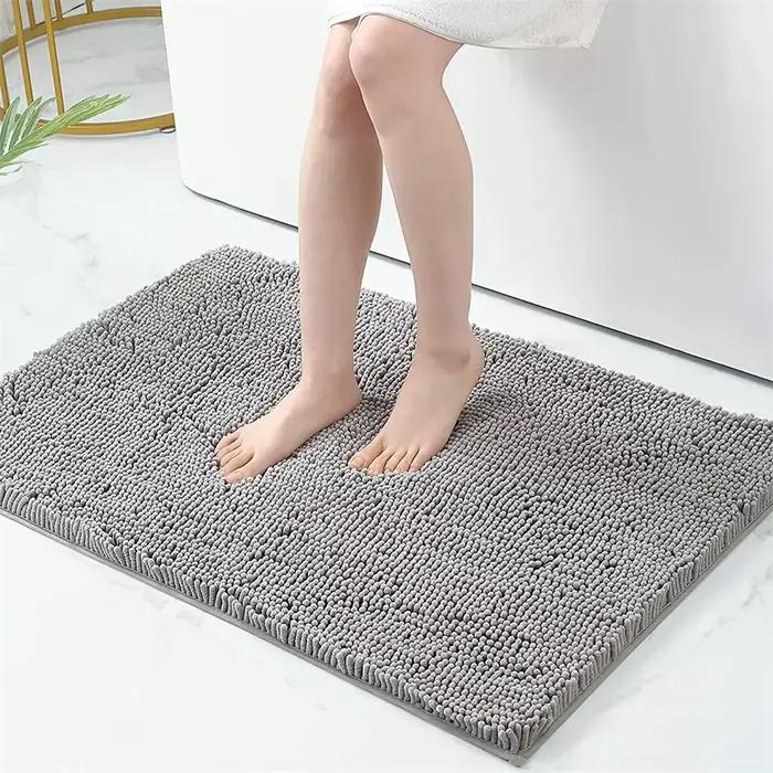 Tapis de bain absorbant gris en chenille, tapis de cuisine en peluche courte, tapis de sol de salle 