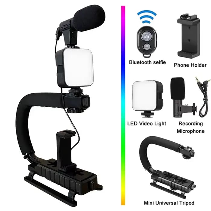 Kit universel de stabilisateur de support Vlog portatif pour photographie et vidéo, lumière LED, Mic
