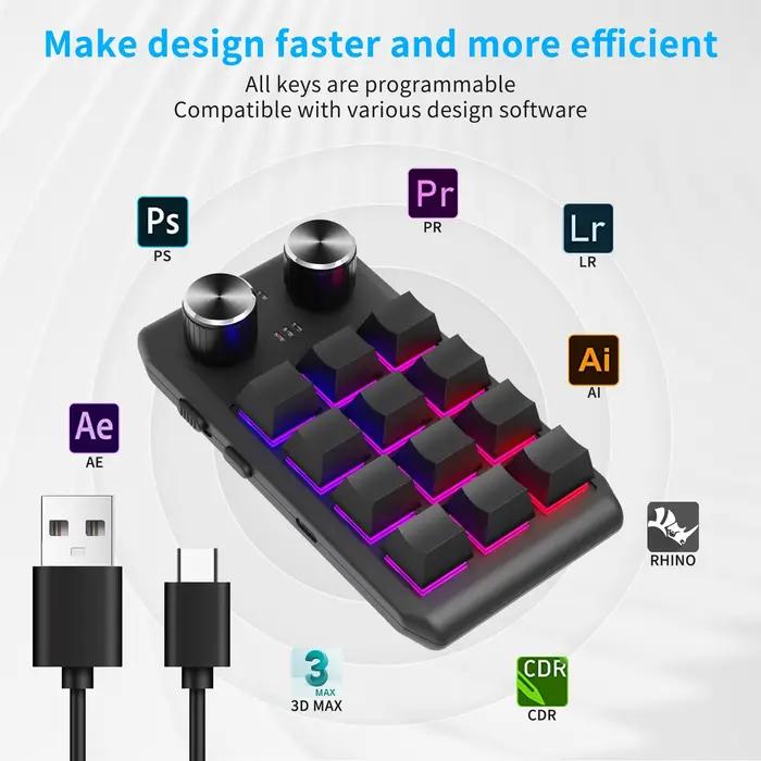 Bluetooth 12 touches 2 boutons USB programmation Macro clavier personnalisé Console de jeu
