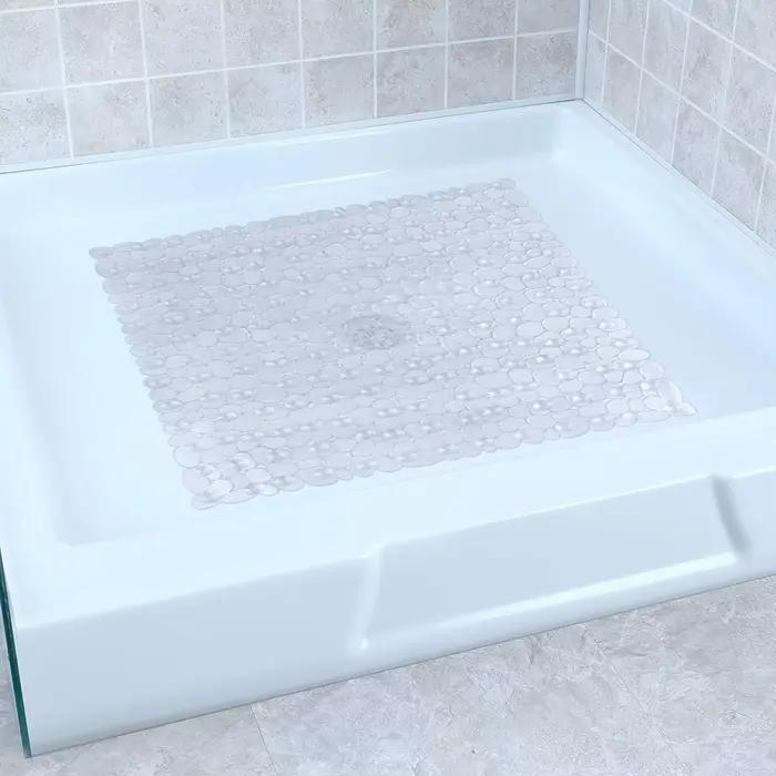 Tapis de douche carré avec ventouses et trous de vidange, tapis de bain antidérapant en PVC 53x52cm pour enfants et famille, lavable en Machine, 1 pièce