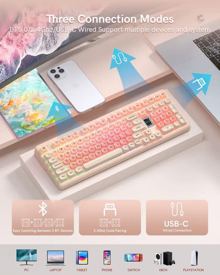 Womier Foundation WK98 clavier mécanique avec affichage rose crème 3 modes joint ergonomique
