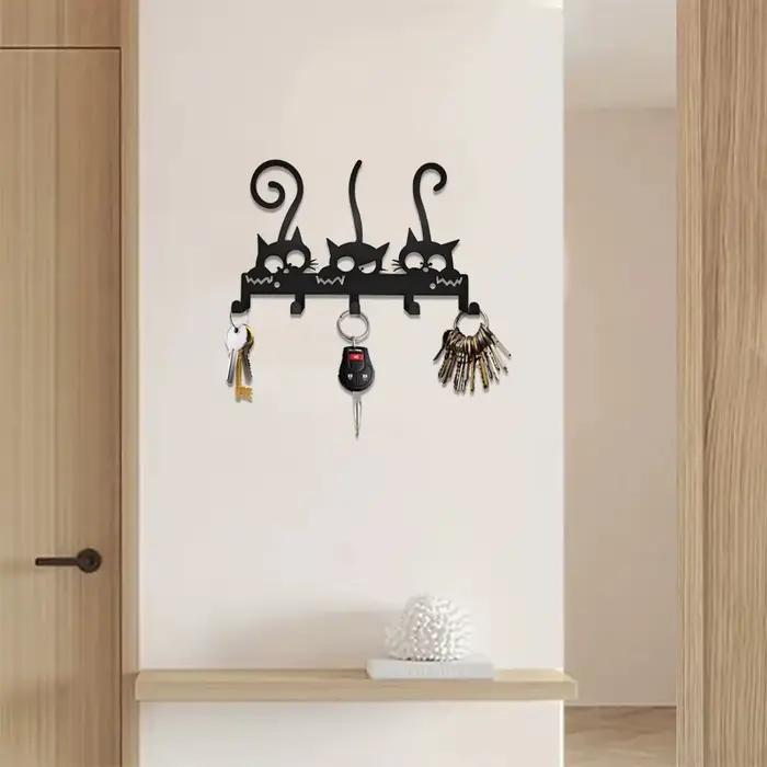 Porte-clés mural en forme de chat en fer noir support décoratif avec crochets pour clés chapeaux serviettes occasions spéciales décoration intérieure