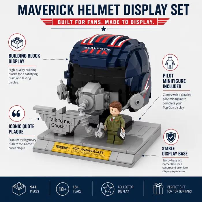 Casque de pilote de chasse Top Gun Maverick 40e anniversaire, sculpture en blocs de construction avec base de présentation, figurine de collection, cadeau pour adultes