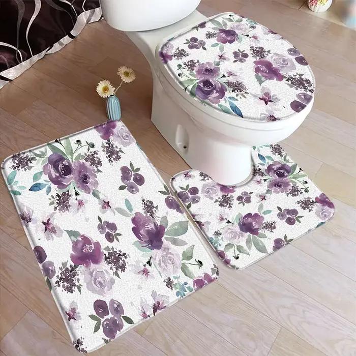 Ensemble de polymères de bain floraux roses, aquarelle, fleur, feuilles grises, plante, tapis de maison, Doorvirus, HODecor, tapis de sol, tapis en U, couverture de toilette