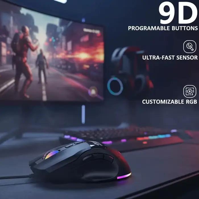 Souris de jeu filaire programmable avec éclairage RGB pour gamers passionnés, multiclés et conception ergonomique réglable en DPI pour précision et confort