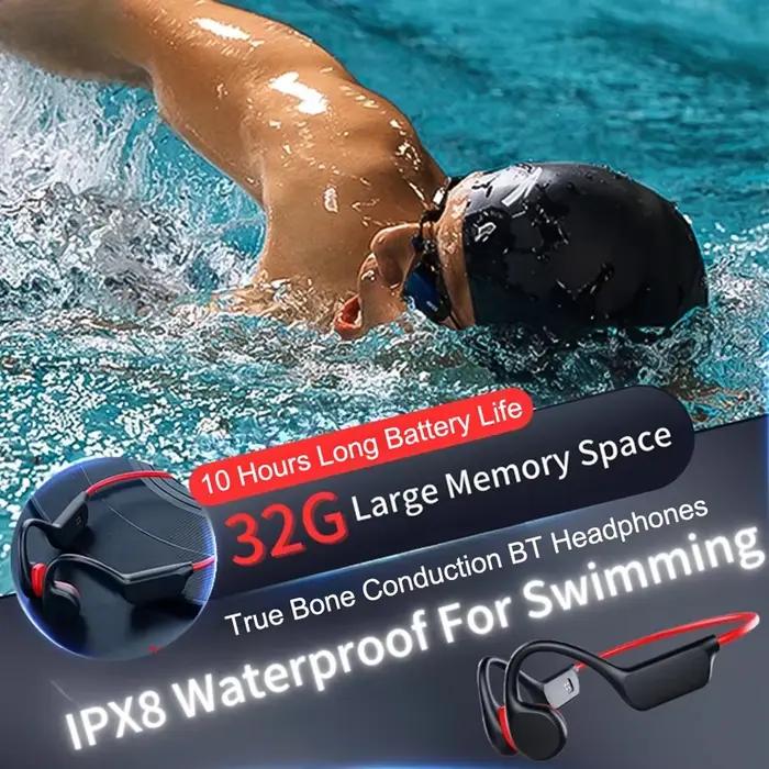 Écouteurs à Conduction Osseuse Étanche IPX8 MP3 32 Go Bluetooth 5.4 Sans Fil avec Micro pour Natation Sport Fitness Nouveauté 2026