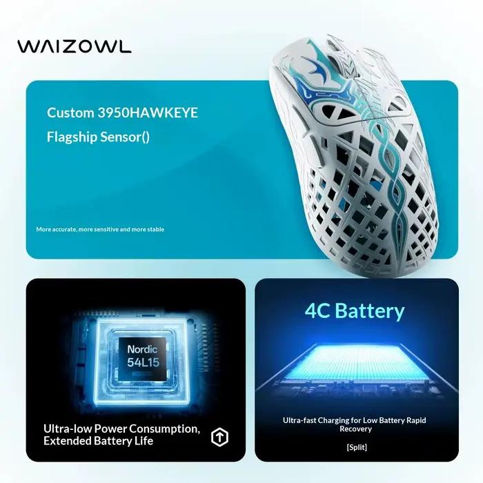 Souris de jeu sans fil Waizowl Triaina 49g en alliage de magnésium et fibre de verre