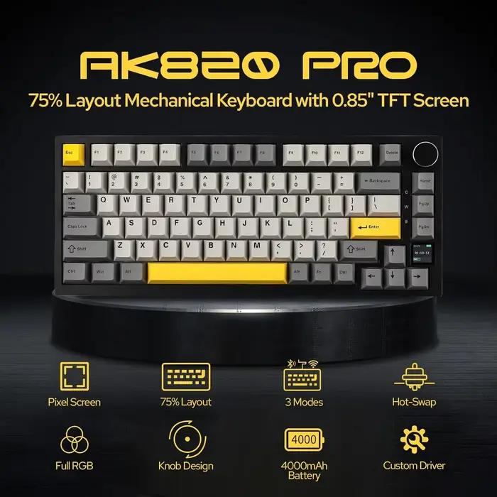 Ajazz AK820/AK820Pro clavier mécanique de jeu Bluetooth 5.1/clavier personnalisé sans fil/filaire avec bouton scellé d'échange de chaleur