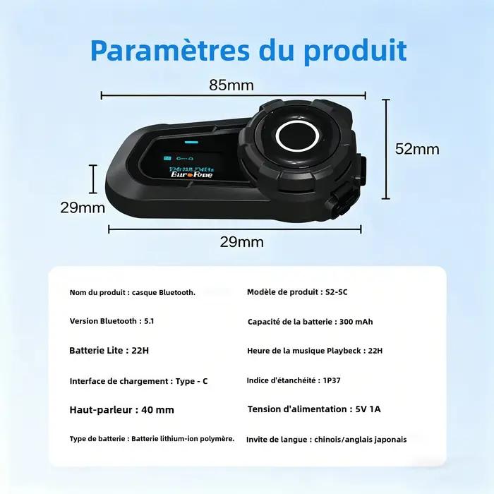 Casque Bluetooth pour moto avec interphone 3 voies et écran LED