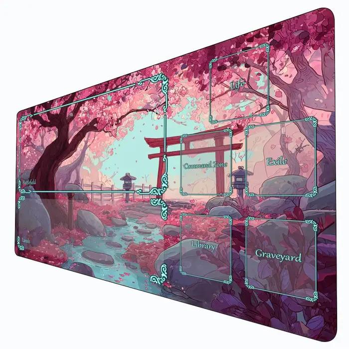 Tapis de jeu MTG avec motifs de fleurs de cerisier et de Torii