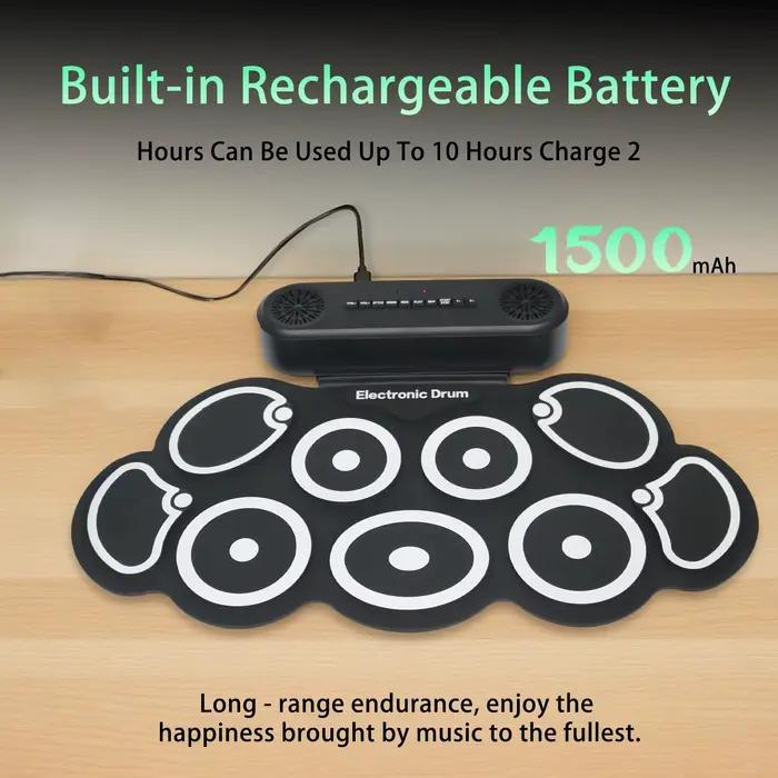 Batterie électronique, ensemble de pads de batterie électriques enroulables 9 pièces, avec prise casque, 10 heures d'autonomie, haut-parleur intégré