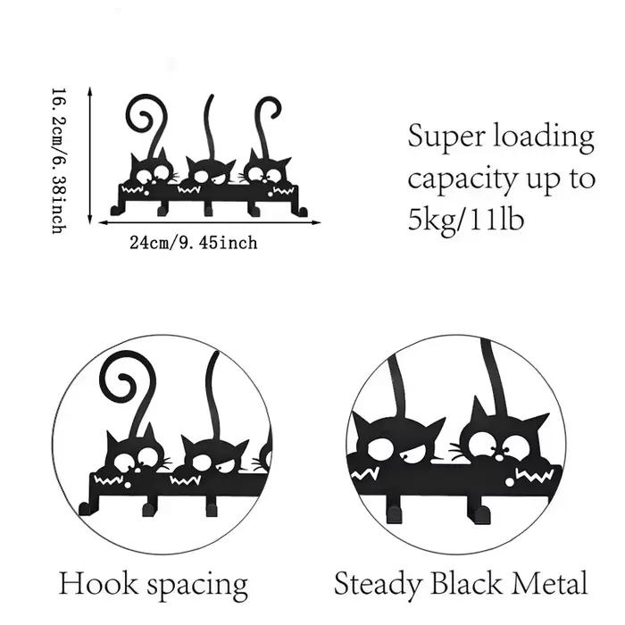 Porte-clés mural en forme de chat en fer noir support décoratif avec crochets pour clés chapeaux serviettes occasions spéciales décoration intérieure