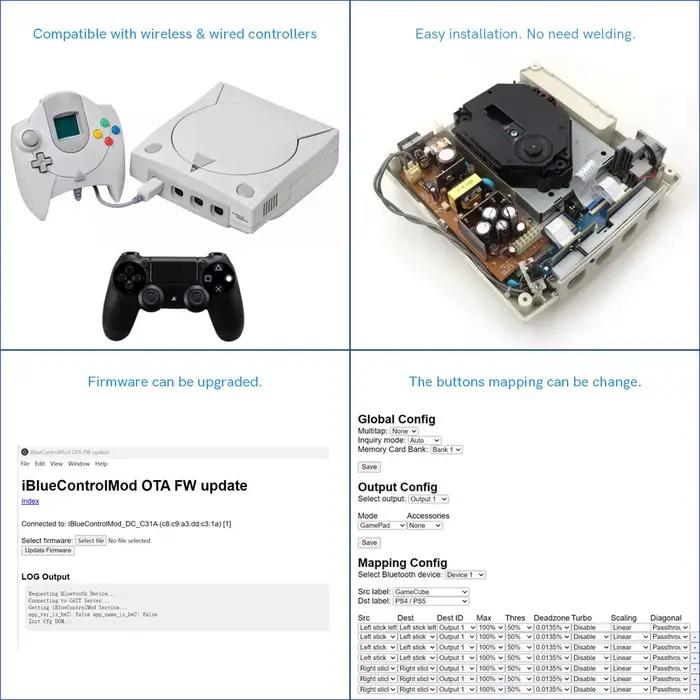 Contrôleur Bluetooth sans fil iBlueControlMod pour adaptateur interne SEGA DC pour console